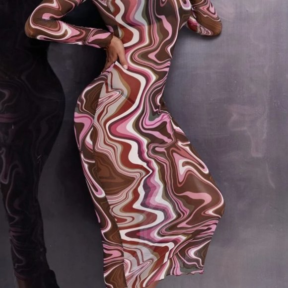 Multi Mesh Swirl Bodycon Midi Dress. Size Large. - Picture 3 of 4